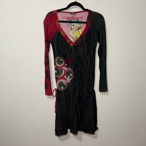 Desigual Women’s black Red Vintage long sleeve V neck A line Dress in size M